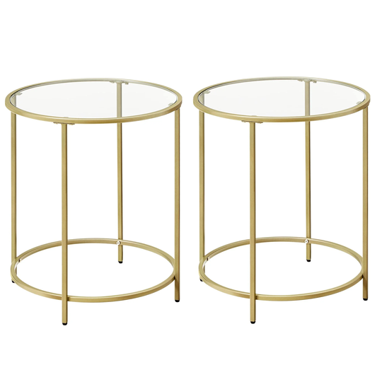 Round Side Table Set of 2, Glass End Table with Metal Frame, Gold Coffee Table with Modern Style