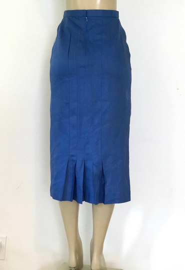 Vintage 1980S Sapphire Cobalt Blue Midi Pencil Skirt With Pleated Kick Pleat, 8