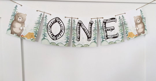 One Happy Camper High Chair Banner, Camping Woodland First Birthday Party Bear Banner Sing, High Chair