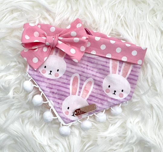 Easter Bunny Pink & Purple Dog Bandana With Optional Pom Trim