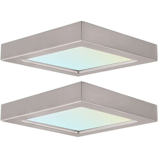 Luxrite 4" Square LED Flush Mount 10W 3 Color Selectable 600 Lumens Dimmable Damp Rated Brushed Nickel Trim 2 Pack