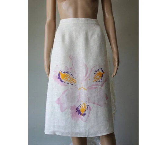 Vintage Finnish Pure Linen Pencil Skirt With Flower Print Ivory White Midi Size M/L