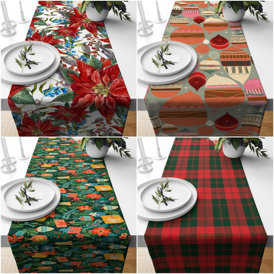 Christmas Table Runner|Winter Trend Top|Red Poinsettia Flower Decor|Checkered Design Runner|Christmas Ornaments Top