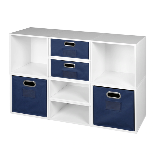 Noble Connect Storage Set- 4 Full Cubes/4 Half Cubes with Foldable Storage Bins- White Wood Grain/Blue