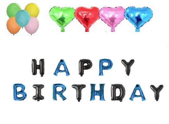 Black & Blue Mix Color Happy Birthday Balloon - Free 5 Latex Balloons & 4 Heart Foil Balloons, Party, Decoration