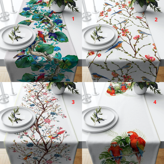 Bird & Tree Print Table Runner, Modern Top, Turkish Decorative Runner, Table Cover, Kitchen Balcony Dinner