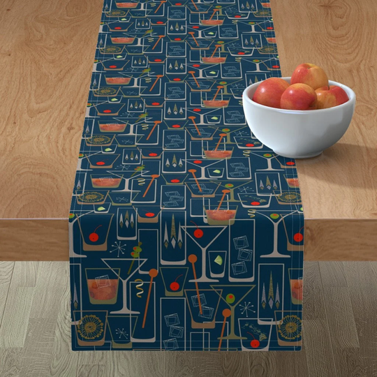 Martini Time Table Runner - Retro Bar 1950S Blue By Hnldesigns Mid-Century Mid Century Modern Cotton Sateen Spoonflower