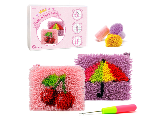 2 Pcs Cute Latch Hook Kit Starter Pencil Bag Make Up Cosmetic Diy Sewing Craft For Kids Beginners With Printed Pattern