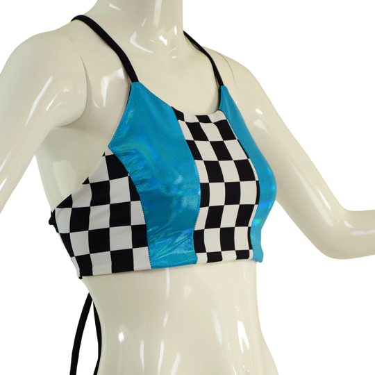 strappy Back Halter With Smooth Black Spandex Lining & Ties, 1, 3, 5 in White Checkered, 2, 4 Peacock Holographic 157908