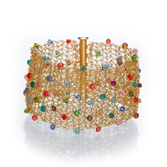Gold Wide Cuff, Colorful Mesh Bracelet, Statement Rainbow Big Multi-Color Swarovski Unique Handmade Bracelet