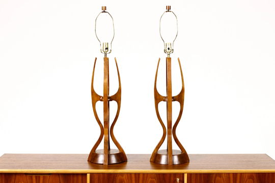 Mid Century Vintage Modeline Table Lamps Walnut + Brass Sculptural Form Pair