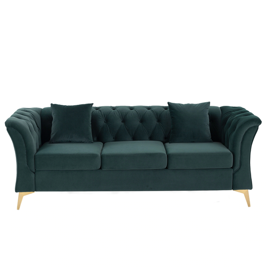 Modern Style Chesterfield Curved Sofa Tufted Velvet Couch 3 Seat Button Tufed Loveseat with Scroll Arms and Gold Metal Legs