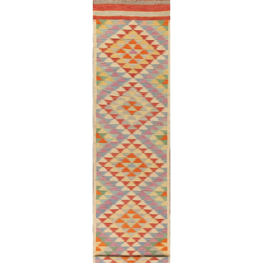 Geometric Colorful Kilim Runner Rug Flat-weave Oriental Wool Carpet - 3'0"x 16'7"
