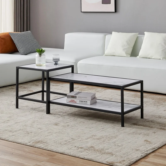 Modern Nesting coffee table, Black metal frame with wood marble top