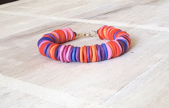 Colorful Polymer Clay Disc Bracelet, Multicolor Juicy, Purple Orange Pink Unique Chunky, Sundance, Beach, Summer Outdoors