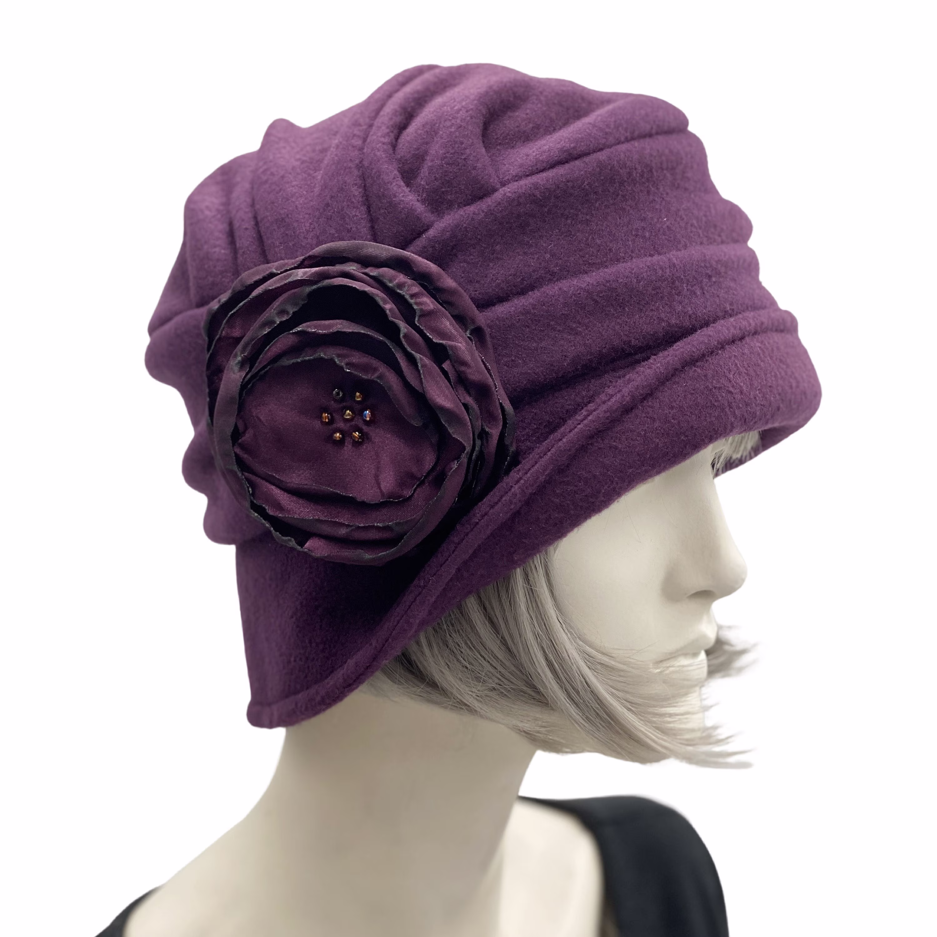Cloche Hat, Eggplant Fleece Or Choose Your Color, Winter Hat Women, With Satin Rose Brooch, Handmade in Usa