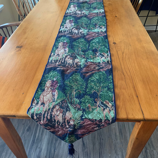 Tapestry Table Runner, Equestrian Cover, Horses & Dogs, The Hunt, Tasseled Ends, 38.5 " By 12.5", Theme Linen