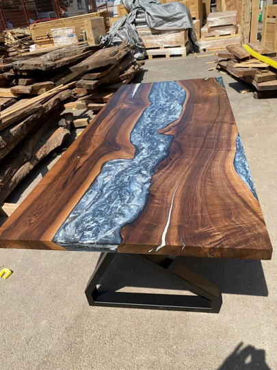 Epoxy Marble Table, Conference Custom 96" X 42" Walnut Wood Gray Affect Live Edge For Korrine 2