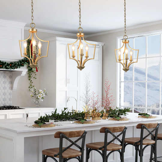 Modern 3-Light Lantern Geometric Gold Chandelier Island Pendant Light - W11"xH16"
