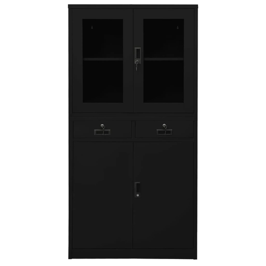 Office Cabinet Steel Frame and Tempered Glass with Door Drawer Black