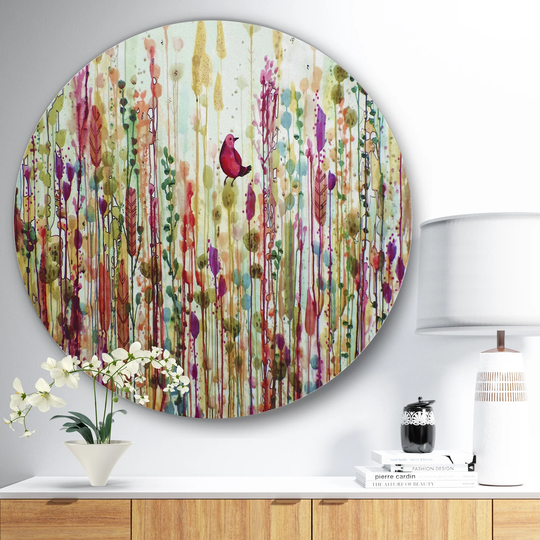Designart 'Red Bird In Color Meadow' Cottage Metal Circle Wall Art