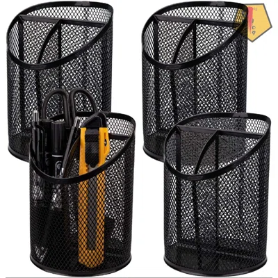 4 Pack Round Steel Mesh Pen Holder Metal Pencil Desk Holder Organizer For Desk Office Pen Organizer, 3 Compartments, Black