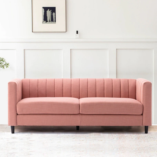 3-Person Sofa with Wooden Base,Solid Wood Frame Construction, Breathable Linen Fabric, Oak Legs, for Guest Rooms and Apartments