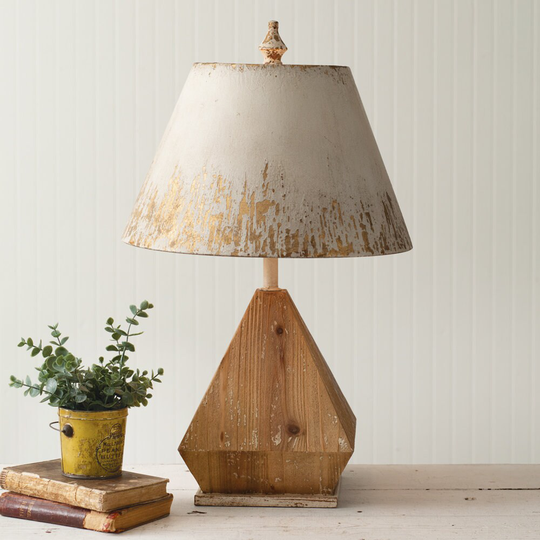 Table Lamp With Wooden Base & Golden Flaked Metal Shade