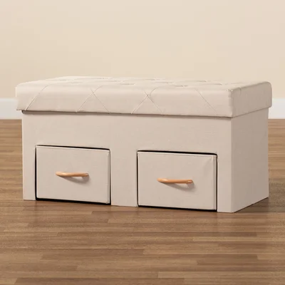 Gerwin Modern And Contemporary Beige Fabric Upholstered And Oak Brown Finished Wood 2-Drawer Storage Ottoman