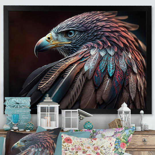 Designart 'Macro Colorful Feather Eagle VII' Animals Framed Art Print