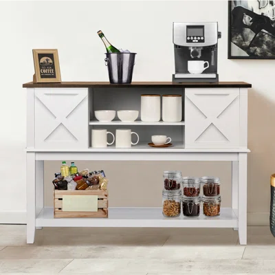 46" Farmhouse Buffet Cabinet, Wood Kitchen Sideboard Cabinet With 2 Sliding Barn Doors, Coffee Bar Cabinet, Console Table With Open Shelf For Kitchen