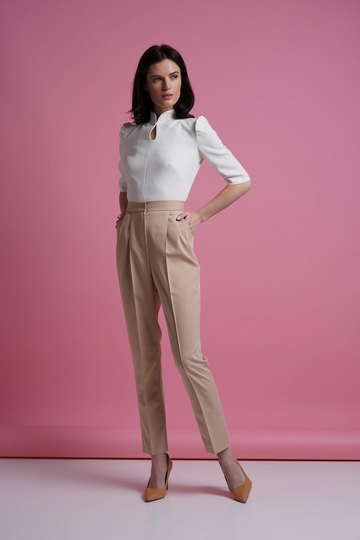 Pegged Pants Women, Beige Trousers High Waist Work Ankle Pant, Pencil Women's High Rise Pants, Business For Women Tavrovska
