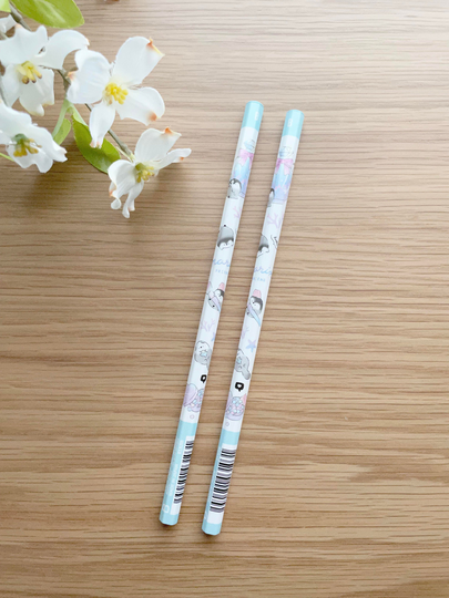 B Wood Pencil Set - Hexagon Shape Sweet Penguins & Seals 2 Pcs