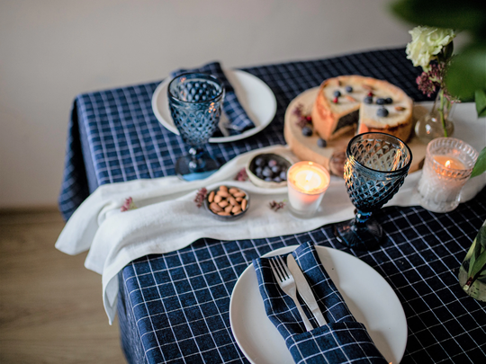 Plaid Navy Blue Linen Table Cloth, Grid Wedding Check Tablecloths, Dinning Flax Tablecloth