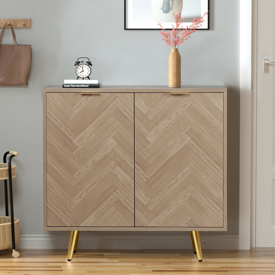 Anmytek Natural Oak Accent Storage Cabinet with 2-Doors Modern Herringbone Sideboard Buffet Cabinet
