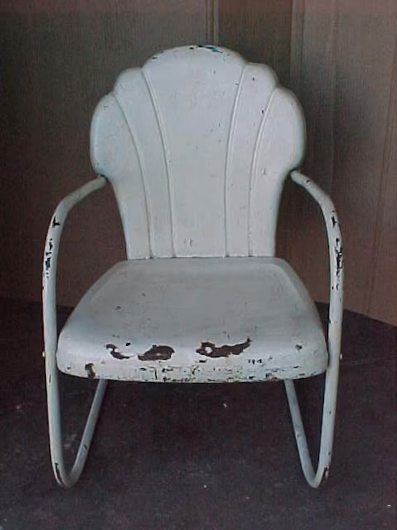 Vintage Mid Century Modern 1950's Metal Shell Back Lawn Chair Patio Rustic Farmhouse Garden Display Yard Decor Country Home