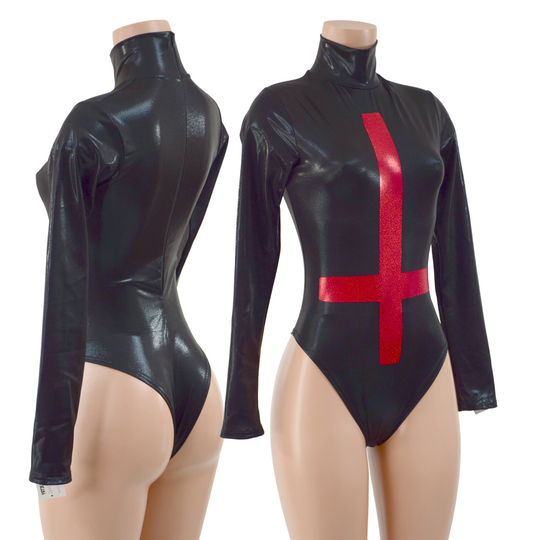 Black Mystique Brazilian Cut Romper With Inverted Cross, Turtleneck & Back Zipper 157783