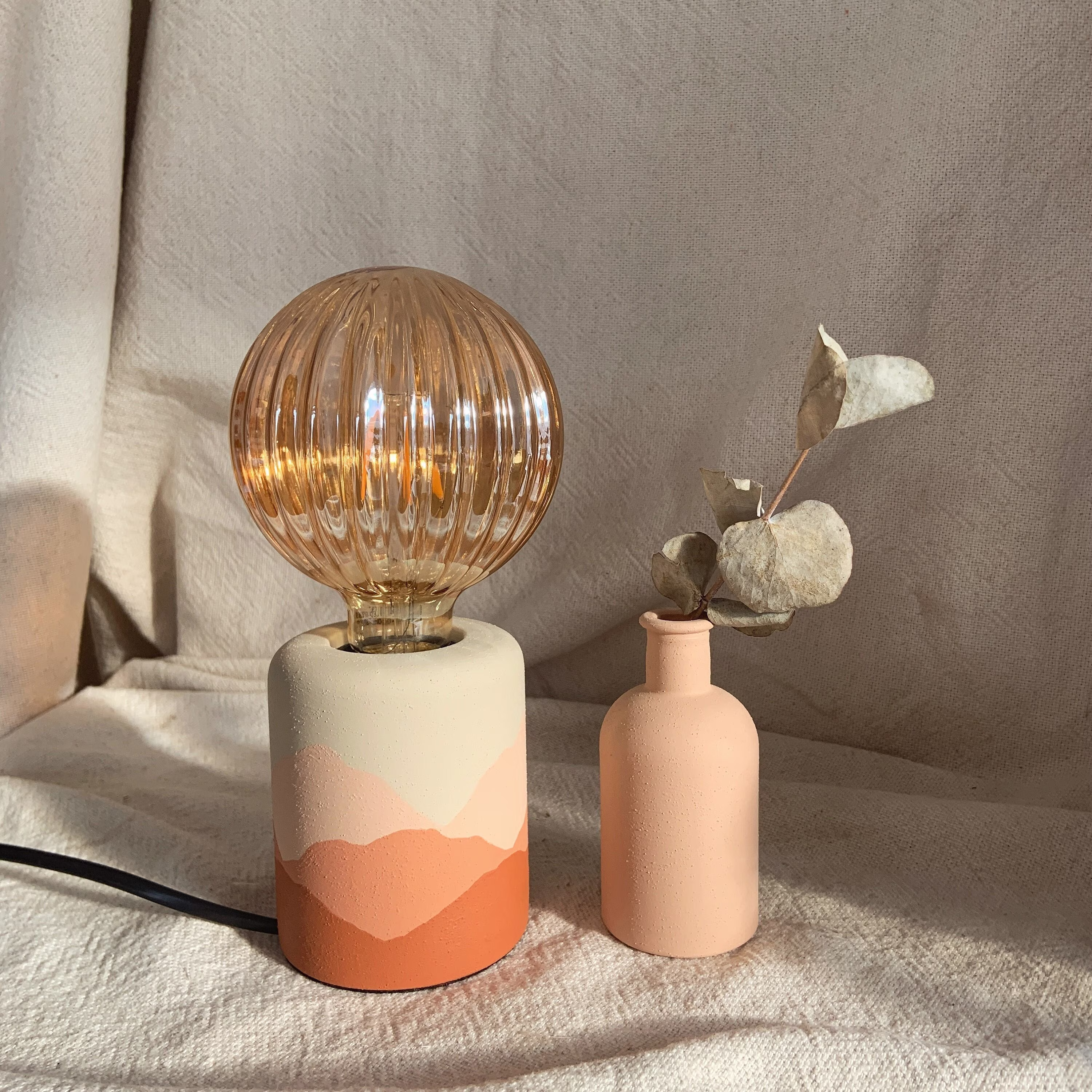 Hand Painted Table Lamp | Exposed Bulb Boho Home Matte, Textured Finish Desk Light Uk Only Desert Landscape Style