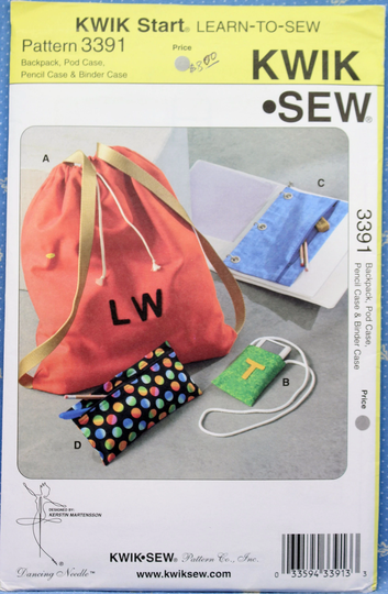Kwik Sew 3391, Backpack, Pod Case, Pencil Case & Binder Sewing Pattern, Uncut/Unopened, Fabric Backpack Pattern