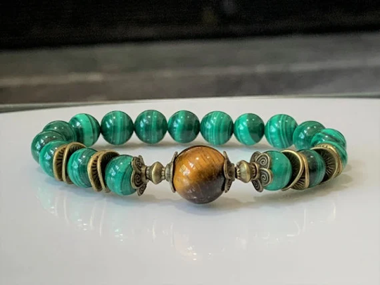 Malachite & Tiger's Eye Bracelet, Stretch Grade Aaa+ Genuine Beads, Natural Bracelet For Men Women