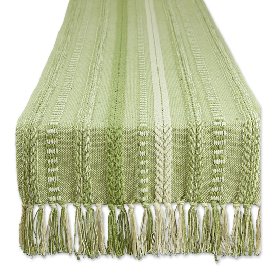 15" x 108" Antique Green White Braided Stripe Decorative Table Runner