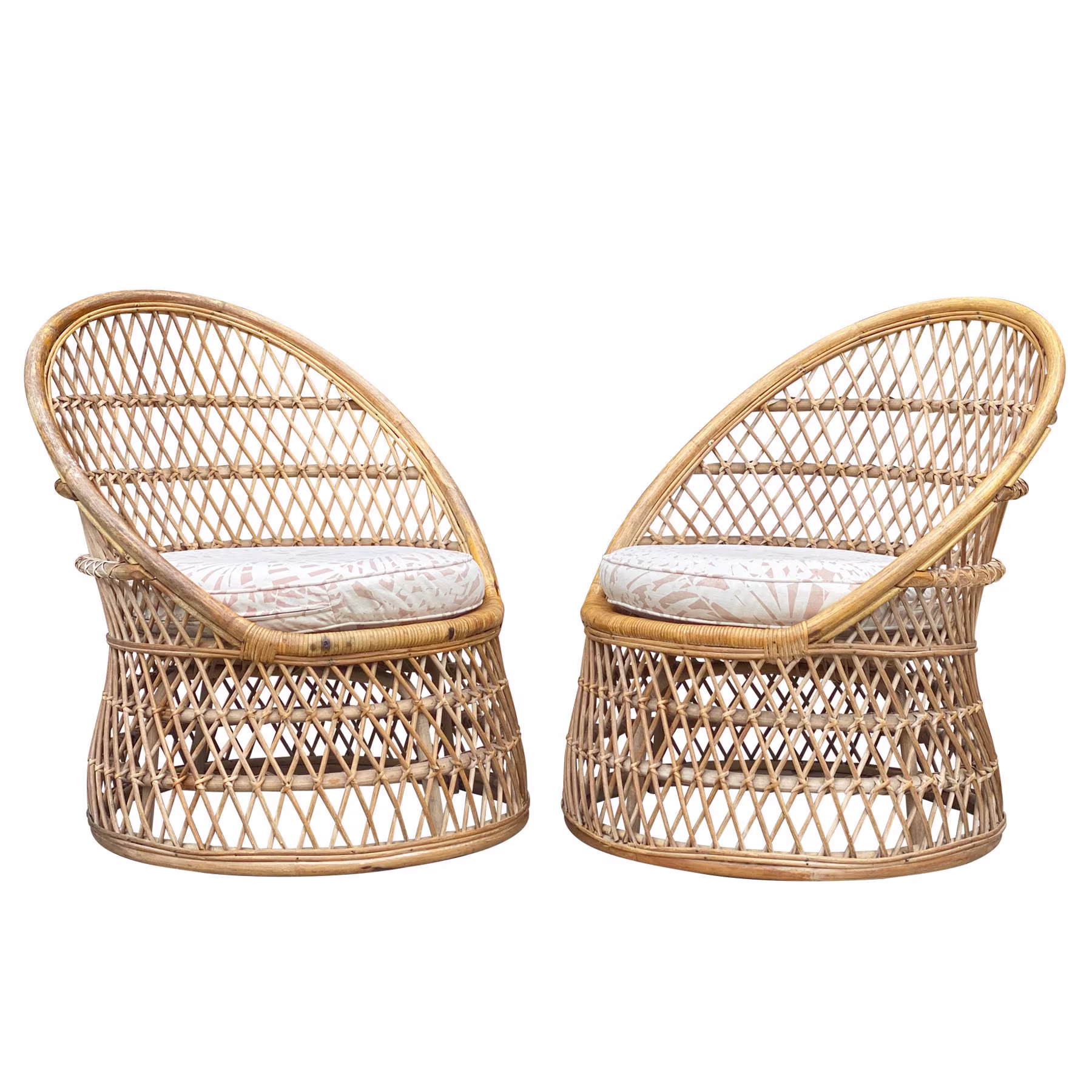 Mid-Century Boho Chic Bent Rattan Barrel Club Chairs - A Pair