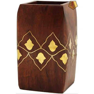 Wooden Pen Pencil Office Stationary Holder Stand Hand Carved Rosewood Intricate Brass Inlay Design For Home Office Desk Kitchen Accessories