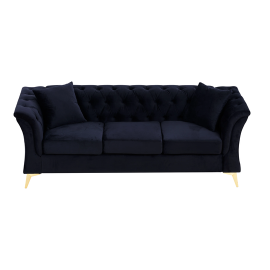 Elegant Chesterfield Design 3 Seat Bench Velvet Loveseat Modern Living Room Sofa Couch with Metal Legs & Scroll Arms