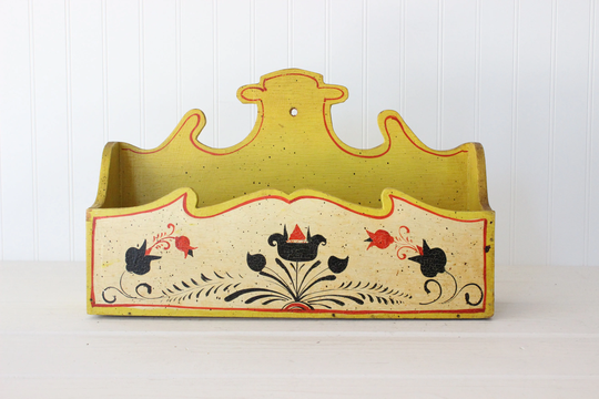 Vintage Letter Holder, Painted, Pennsylvania Dutch, Yellow Red Black, Hand Painted Handmade, Kitchen Office Storage Organizer