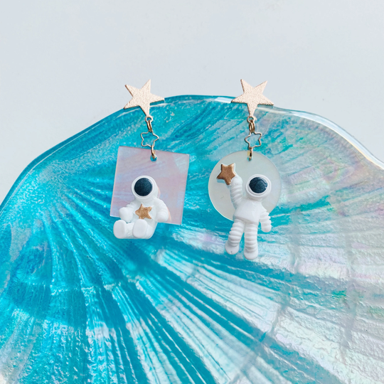 Laser Color Astronauts Asymmetrical Studded Drop Earrings, Handmade Astronomy Rainbow Jewelry