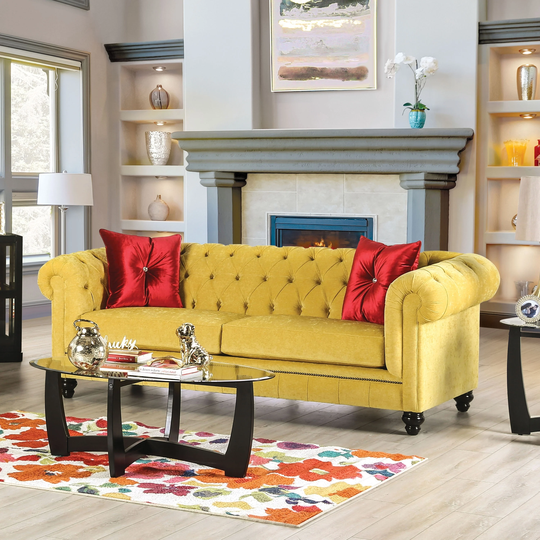 Furniture of America Ryn Traditional Royal Yellow Solid Wood Sofa