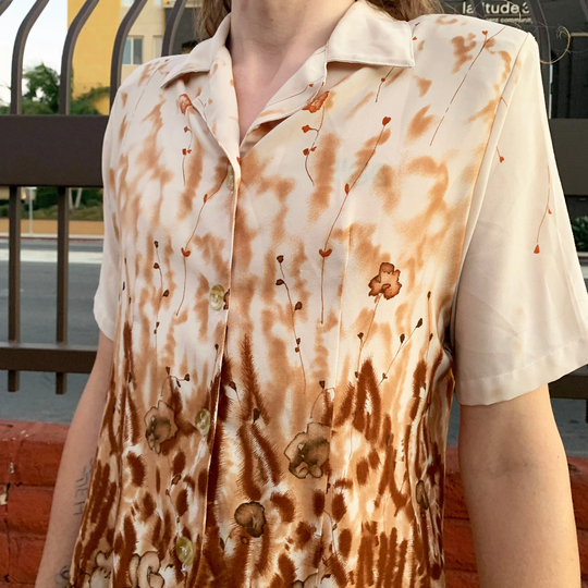 Floral Button Up Short Sleeve Brown & Beige Vintage 1970S 1980S Collared Shirt Retro Grandma Style Unique Cottagecore Medium Large