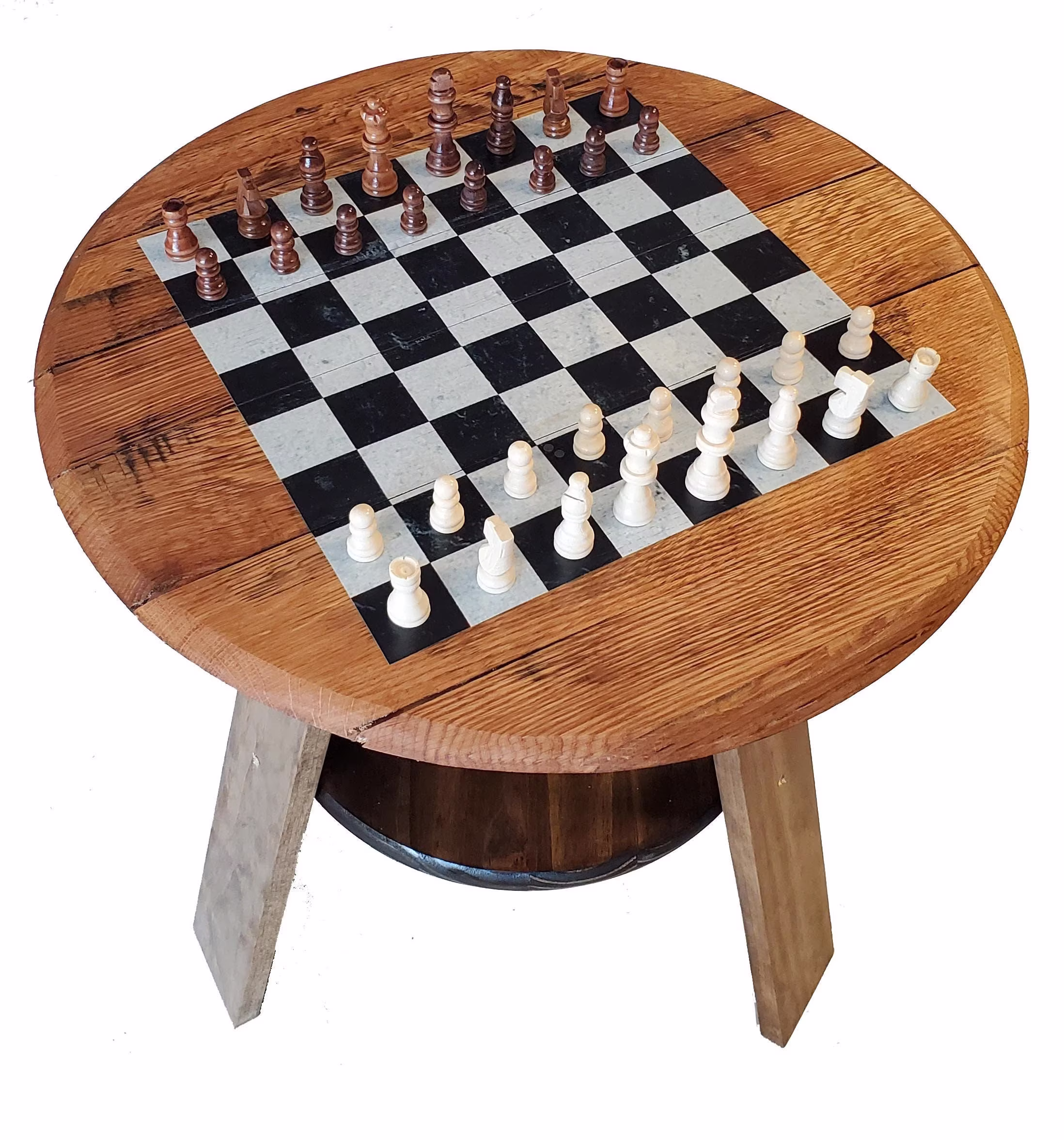 Chess Board End Table - Barrel Head Edition | Rustic Living Room Decor Playable Game
