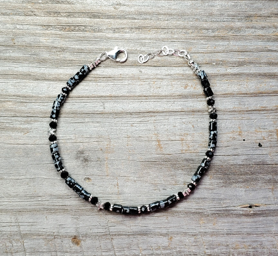 Snowflake Obsidian & Onyx Gemstone Adjustable Anklet, Multiple Sizes Available, Sterling Silver Clasp Chain